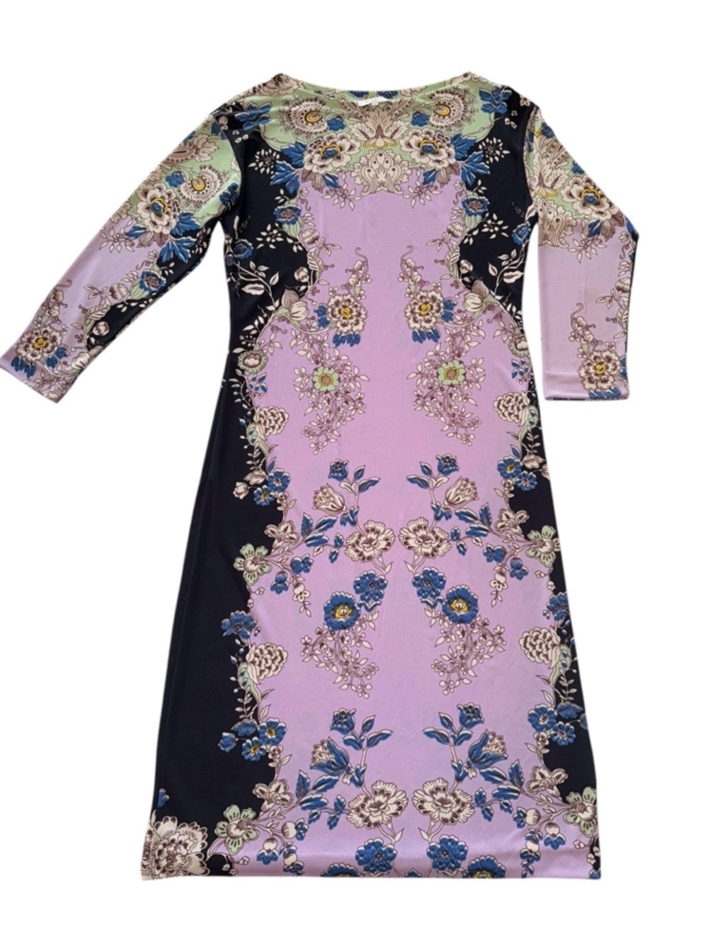 Etro Milano Floral Print Dress Made in Italy Purple Black 3/4 Sleeve Size 40 (S)
